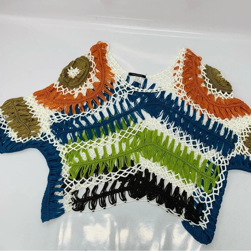 Crochet Loose Knit Colorful Crop Sweater Top One Size Boho 100% Cotton Layer‎